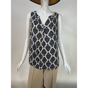 Willi Smith Womens Blouse Blue Damask Sleeveless Notch Neck Rayon Beachy XL